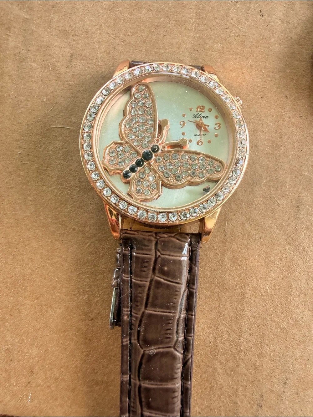 Rose Gold Butterfly Crystal Dial Watch - Brown Strap